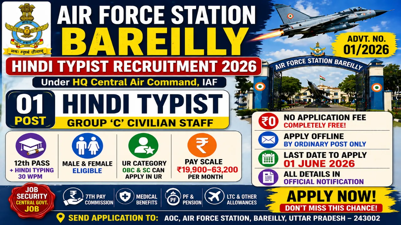 Air Force Station Bareilly recruitment 2026 notification for Hindi Typist post, 01 vacancy, UR category, OBC SC eligible, salary Rs 19900-63200 per month, 12th pass qualification, 30 WPM Hindi typing speed required, offline application free, last date 01 June 2026, HQ Central Air Command IAF