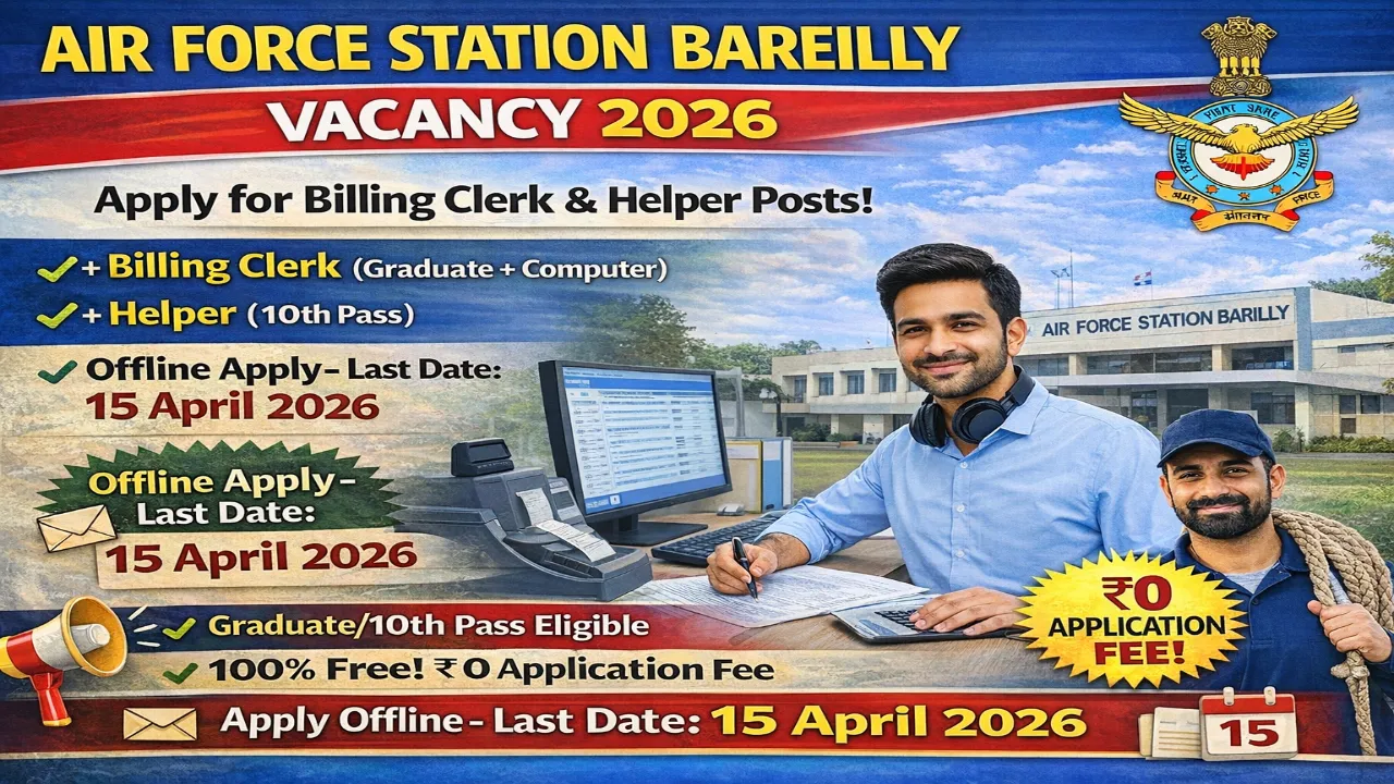 Air Force Station Bareilly vacancy 2026 notification for Billing Clerk and Helper posts, no application fee, age 21-40 and 21-30 years, 10th pass and graduate eligible, offline application last date 15 April 2026