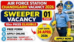 Air Force Station Chandigarh recruitment 2026 notification for part time sweeper post in family welfare centre, 10th pass eligible, no application fee, offline application by post, last date 24 April 2026, Chandigarh 160003