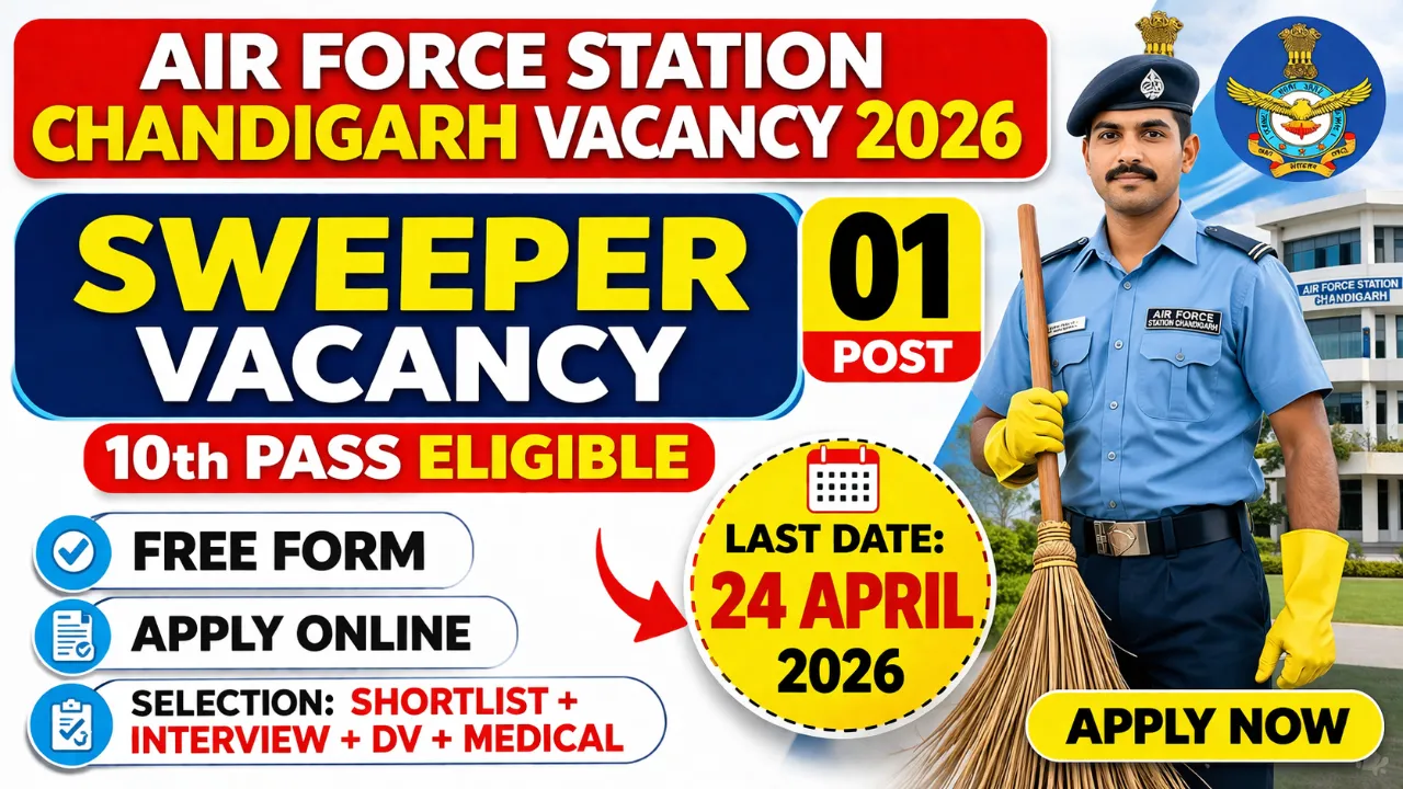 Air Force Station Chandigarh recruitment 2026 notification for part time sweeper post in family welfare centre, 10th pass eligible, no application fee, offline application by post, last date 24 April 2026, Chandigarh 160003