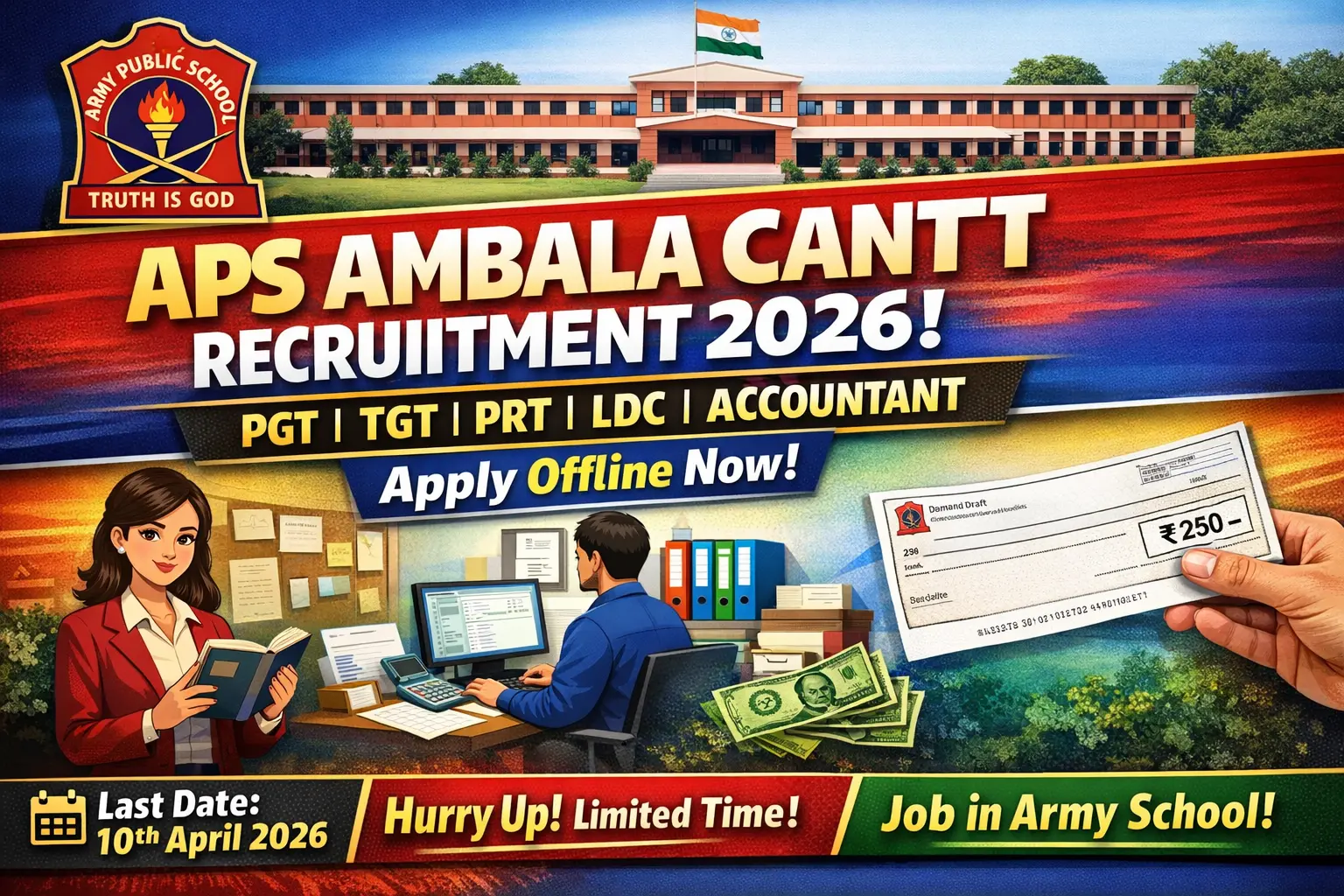 Army Public School Ambala Cantt recruitment 2026 notification for PGT TGT PRT LDC Accountant teaching non-teaching posts, offline application form, fee Rs 250 demand draft, age 18 to 57 years, last date 10 April 2026