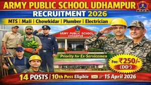 Army Public School Udhampur recruitment 2026 notification for 14 posts including MTS, Mali, Chowkidar, Plumber and Electrician, offline application fee Rs 250, last date 15 April 2026, Ex-Servicemen priority