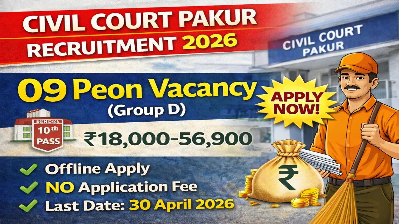 Civil Court Pakur recruitment 2026 notification for 09 Peon Group D posts, 10th pass eligible, no application fee, age 18-35 years, pay scale Rs 18000-56900, offline application last date 30 April 2026