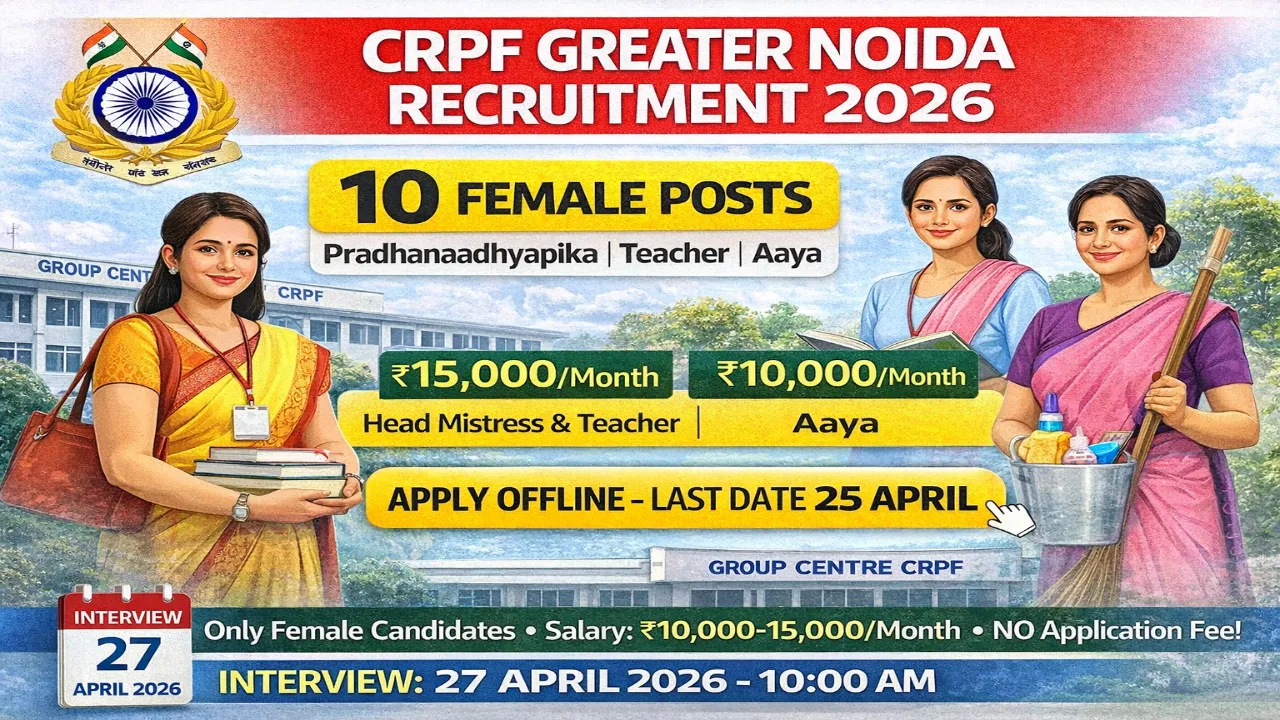 CRPF Greater Noida recruitment 2026 notification for 10 posts Teacher Aaya and Pradhanaadhyapika female candidates only, salary Rs 10000 to 15000 per month, offline application free, last date 25 April 2026