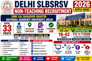 Delhi SLBSRSV non-teaching recruitment 2026 notification for 33 posts including Deputy Registrar Assistant Registrar Stenographer Lower Division Clerk and other positions, online application form, application deadline 21 May 2026, permanent government jobs, age limit varies by post