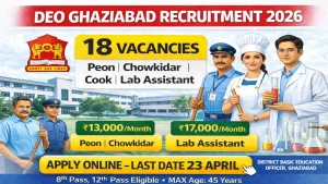 DEO Ghaziabad recruitment 2026 notification for 18 posts including Peon, Chowkidar, Cook, Lab Assistant, Office Superintendent, PGT teachers and Computer Science teacher, no application fee, age 25-45 years, offline application last date 23 April 2026