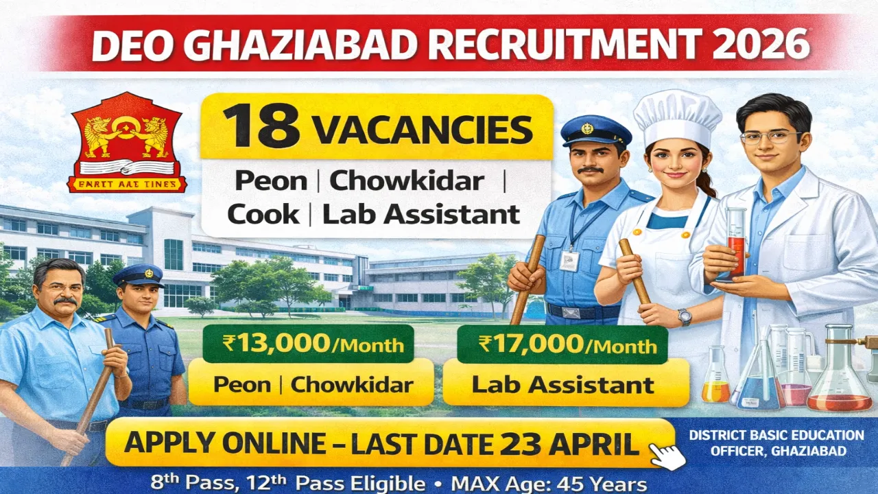 DEO Ghaziabad recruitment 2026 notification for 18 posts including Peon, Chowkidar, Cook, Lab Assistant, Office Superintendent, PGT teachers and Computer Science teacher, no application fee, age 25-45 years, offline application last date 23 April 2026