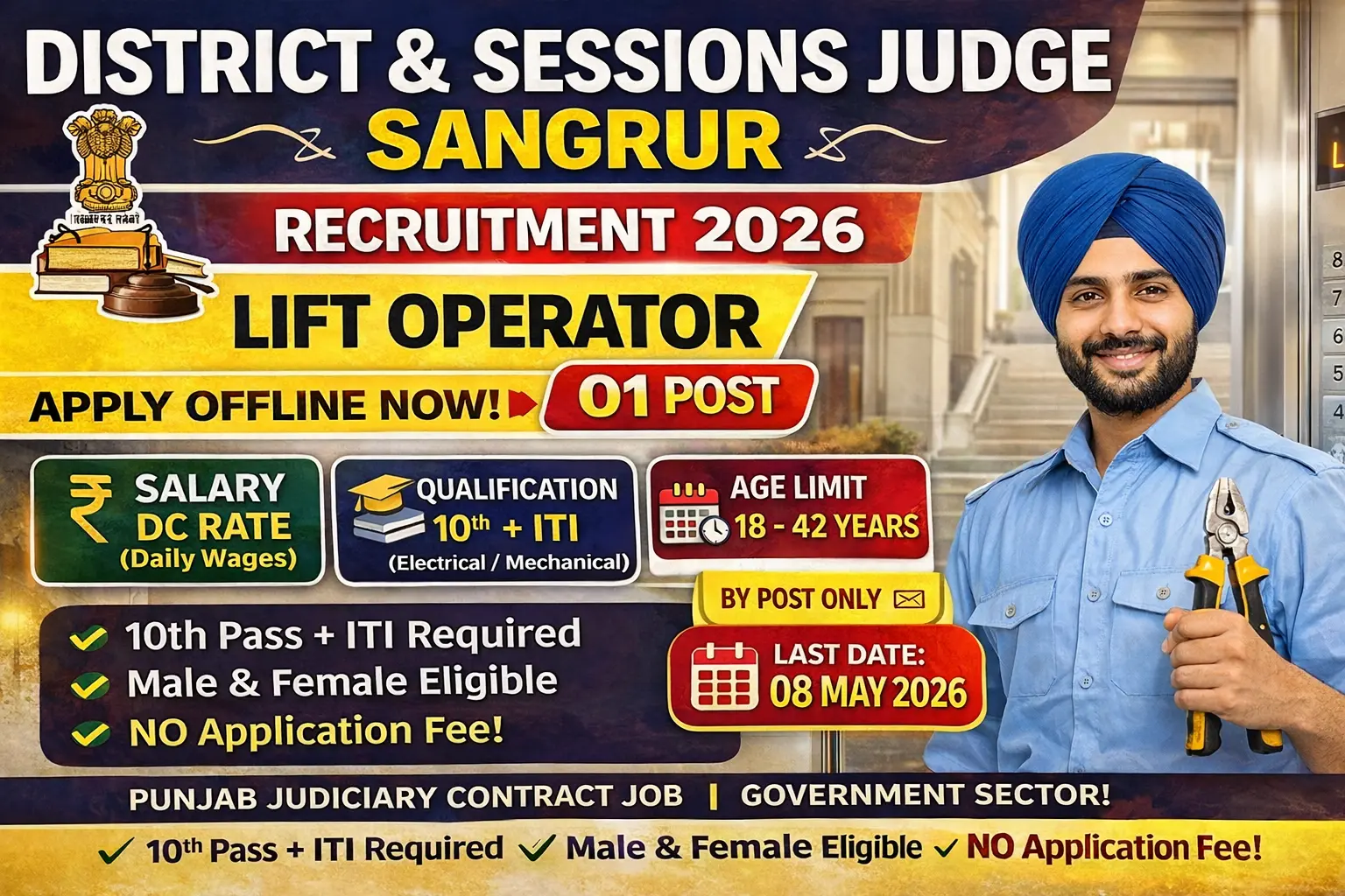 District and Sessions Judge Sangrur recruitment 2026 notification for 01 Lift Operator contract post, 10th pass plus ITI Electrical Mechanical required, Punjabi language mandatory, DC rate salary, no application fee, age 18 to 42 years, offline application last date 08 May 2026