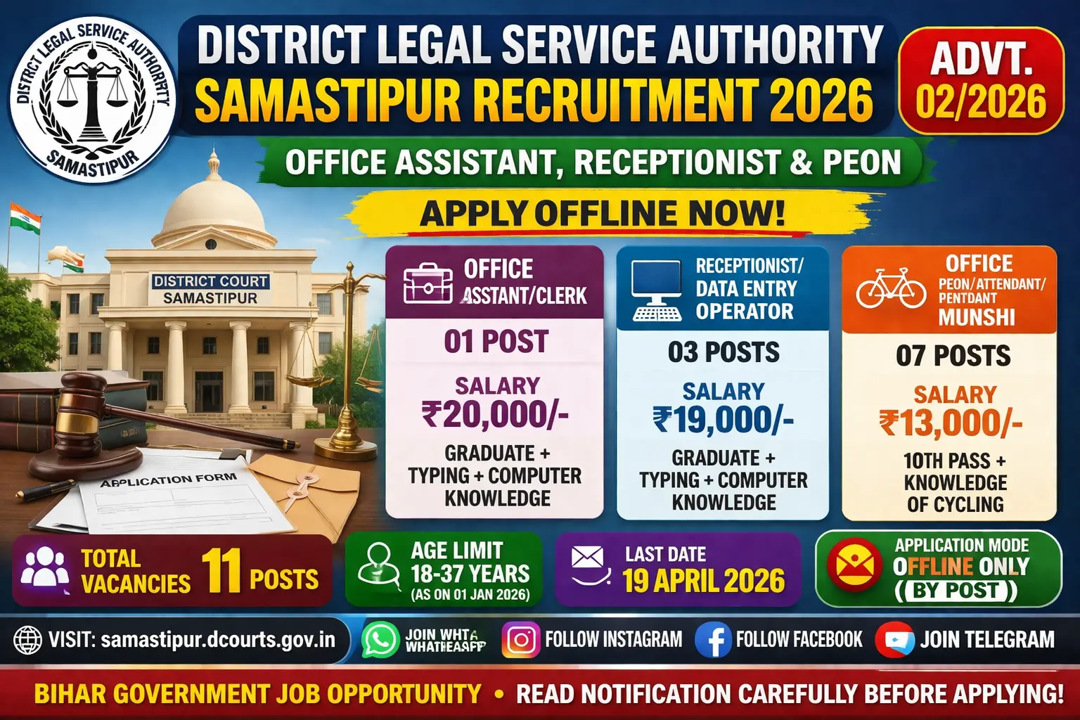District Legal Service Authority DLSA Samastipur Bihar recruitment 2026 advt 02/2026 for Office Assistant Clerk Receptionist Data Entry Operator Peon Attendant Munshi 11 posts contractual basis, salary Rs 13000 to 20000 per month, age 18 to 37 years, graduate 10th pass typing computer knowledge cycling, offline application registered post, last date 19 April 2026, employment exchange mandatory