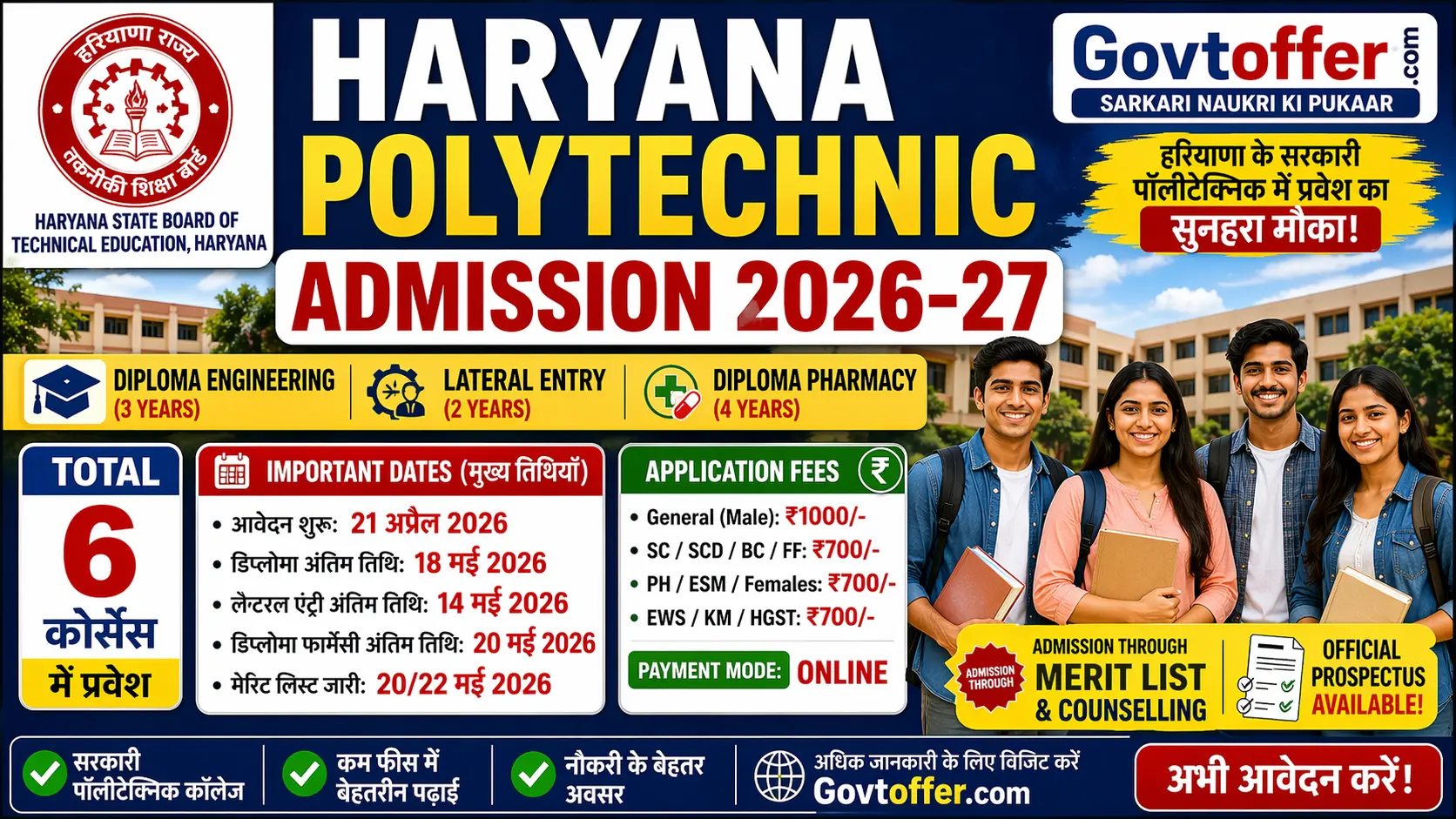 Haryana Polytechnic Admission 2026-27 notification by HSBTE for Diploma Engineering, Lateral Entry, Diploma Pharmacy, B.E B.Tech, B.Architecture, B.Pharmacy courses, merit based admission, no entrance exam, online application fee Rs 700 to 1000, last date 18 May 2026, counselling from May 2026, session starts August 2026