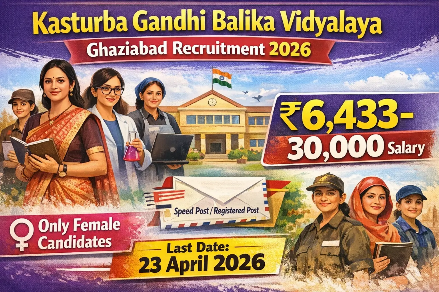 Kasturba Gandhi Balika Vidyalaya KGBV Ghaziabad recruitment 2026 notification for 23 posts including Principal, PGT Teachers, Lab Assistant, Clerk, Cook, Chowkidar, Chaprasi, salary Rs 6433 to 30000 per month, only female candidates eligible, offline application fee Rs 30, last date 23 April 2026