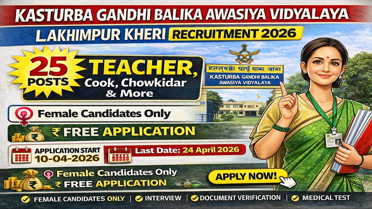 Kasturba Gandhi Balika Awasiya Vidyalaya Lakhimpur Kheri recruitment 2026 notification for 25 posts including full time teacher Sanskrit Hindi English Maths Social Science, part time teacher Computer Physical Education, Art Craft teacher, Cook Rasoiya, Peon Chaprasi, Chowkidar watchman, Helper Sahayak, only female candidates eligible, salary Rs 6755 to 25410 monthly, contract 11 months 29 days, no application fee, offline application, age 25 to 45 years, last date 24 April 2026