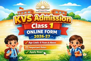 Kendriya Vidyalaya Sangathan KVS admission 2026-27 notification for class 1 to class 11 online registration form, no application fee, age 6 years for class 1 as on 31 March 2026, 25 percent RTE quota reservation SC ST OBC EWS, lottery system priority category, last date 02 April 2026, selection list 08 April 2026, all India admission