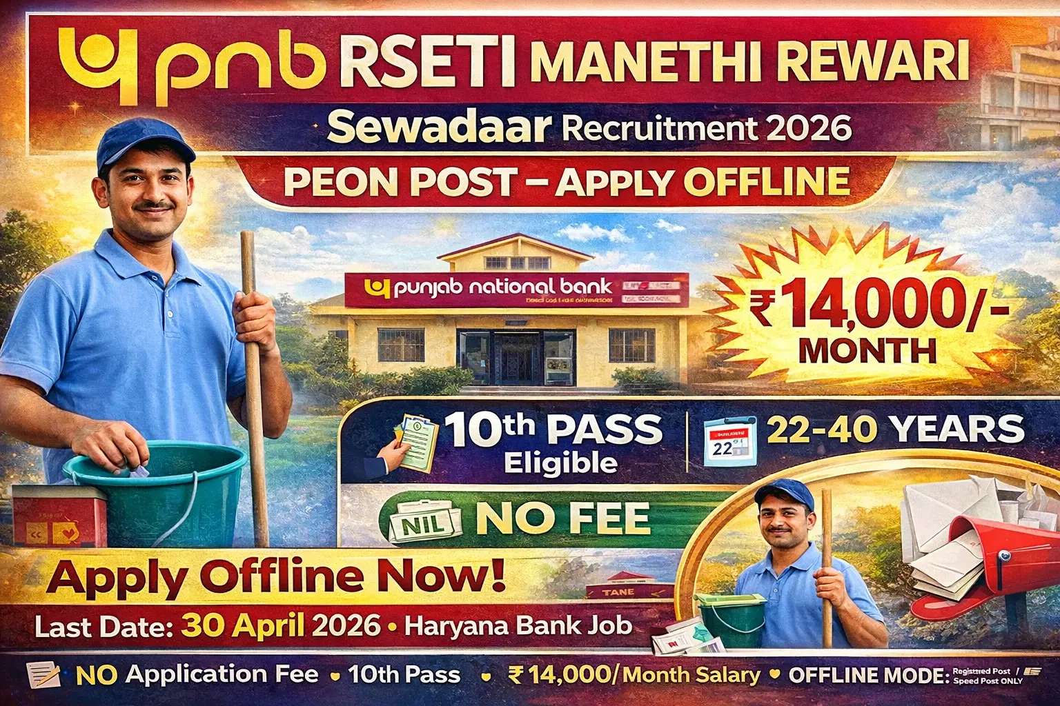 PNB RSETI Manethi Rewari Sewadaar recruitment 2026 notification for Peon post, salary Rs 14000 per month, 10th pass eligible, age 22-40 years, no application fee, contract basis 1 year renewable, offline application last date 30 April 2026