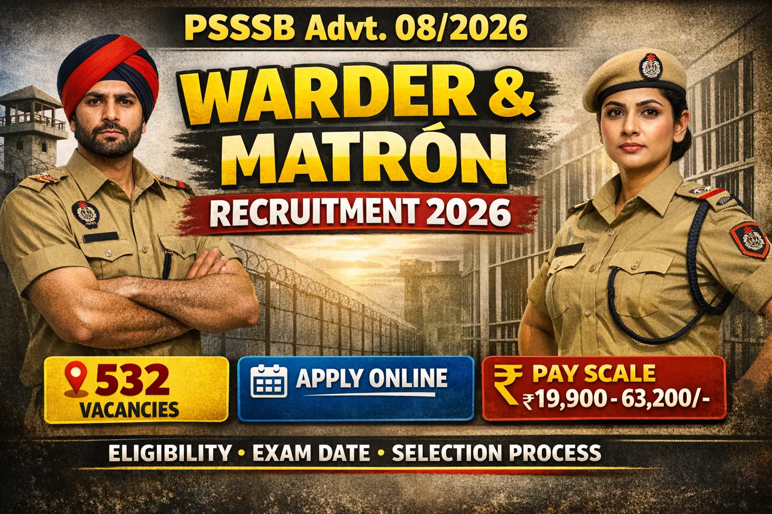 PSSSB Punjab Subordinate Services Selection Board Warder Matron recruitment 2026 notification advt 08/2026 for 532 permanent posts 475 Warder male 57 Matron female, salary Rs 19900 to 63200 pay level-2 7th CPC, online application fee Rs 250 to 1000, age 18 to 27 years, 12th pass and 10th with Punjabi mandatory, last date 21 April 2026 11:59 PM