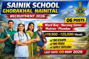 Sainik School Ghorakhal Nainital recruitment 2026 notification for 06 contract posts including Ward Boy male, Nursing Sister female, Matron female, Plumber with ITI, salary Rs 19900 to 25000 per month, English proficiency required, no application fee, age 18 to 50 years, offline application last date 09 May 2026