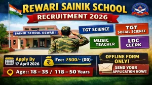 Sainik School Gothra Rewari recruitment 2026 notification for TGT General Science Social Science Music Teacher LDC 05 posts, salary Rs 44900 to 142400 7th CPC, offline application fee Rs 500, age 18 to 50 years, last date 17 April 2026