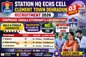 Station HQ ECHS Cell Clement Town Dehradun recruitment 2026 notification for 03 posts including Chapraasi, Mahila Attendant and Lab Assistant, no application fee, ex-servicemen priority, age 18-55 years, offline application last date 09 May 2026, interview 15 May 2026