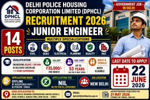 Delhi Police Housing Corporation DPHCL recruitment 2026 notification for Junior Engineer 14 posts Civil Electrical Planning Quality salary Rs 35000 per month age up to 53 years last date 22 June 2026
