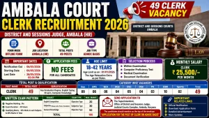 Ambala Court Clerk recruitment 2026 notification for 49 clerk posts, salary Rs 25500 per month, graduation required, english typing 30 wpm, computer knowledge, offline application free, age 18-42 years, last date 28 May 2026, District and Sessions Judge Ambala
