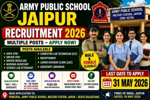 Army Public School Jaipur recruitment 2026 notification for Driver Aaya Nursing Assistant LDC Receptionist CLT Assistant Librarian 15 posts age 18 to 40 years last date 31 May 2026 offline apply