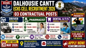 Dalhousie Cantt ECHS Cell recruitment 2026 notification for 03 contractual posts Driver Pharmacist and Dental A/T/S at ECHS Polyclinic Type D Bakloh, ex-servicemen priority, salary Rs 25600 to 36500 per month, offline application free two copies required, last date 30 May 2026 Himachal Pradesh Ministry of Defence
