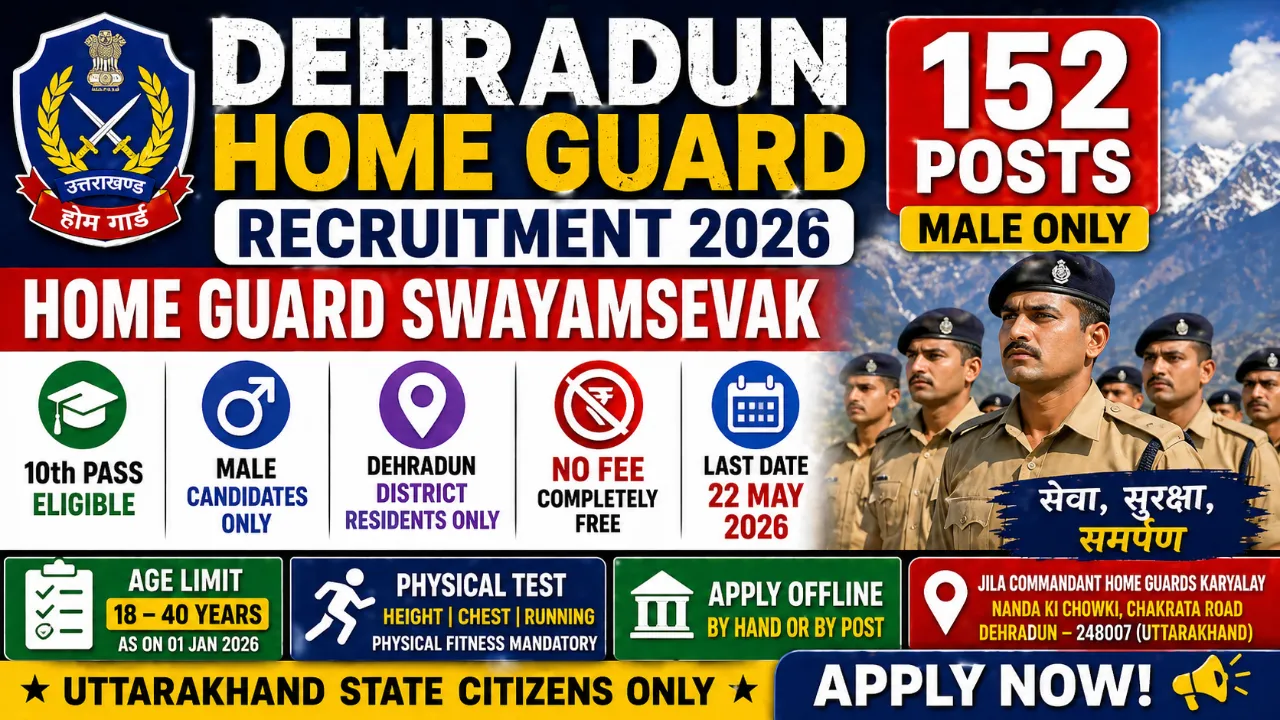 Dehradun Home Guard Swayamsevak recruitment 2026 notification for 152 posts, 10th pass male candidates, age 18 to 40 years as on 01 January 2026, offline application free, last date 22 May 2026, Jila Commandant Home Guards Dehradun Uttarakhand