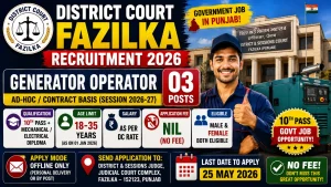 District Court Fazilka recruitment 2026 notification for generator operator post, District and Sessions Judge Fazilka Punjab vacancy, 10th pass with mechanical diploma or electrical diploma required, age 18-35 years calculated on 01 January 2026, salary as per DC rate district court rate, no application fee free for all categories, contractual ad-hoc basis job session 2026-27, 03 posts General-01 General Women-01 SC Women-01, 2 posts reserved for women female candidates, Punjabi language knowledge mandatory, Punjab domicile reservation benefits, offline application personal delivery or by post, District and Sessions Court Judicial Court Complex Fazilka 152123 Punjab, last date 25 May 2026, exam interview date uploaded on court website fazilka dcourts gov in