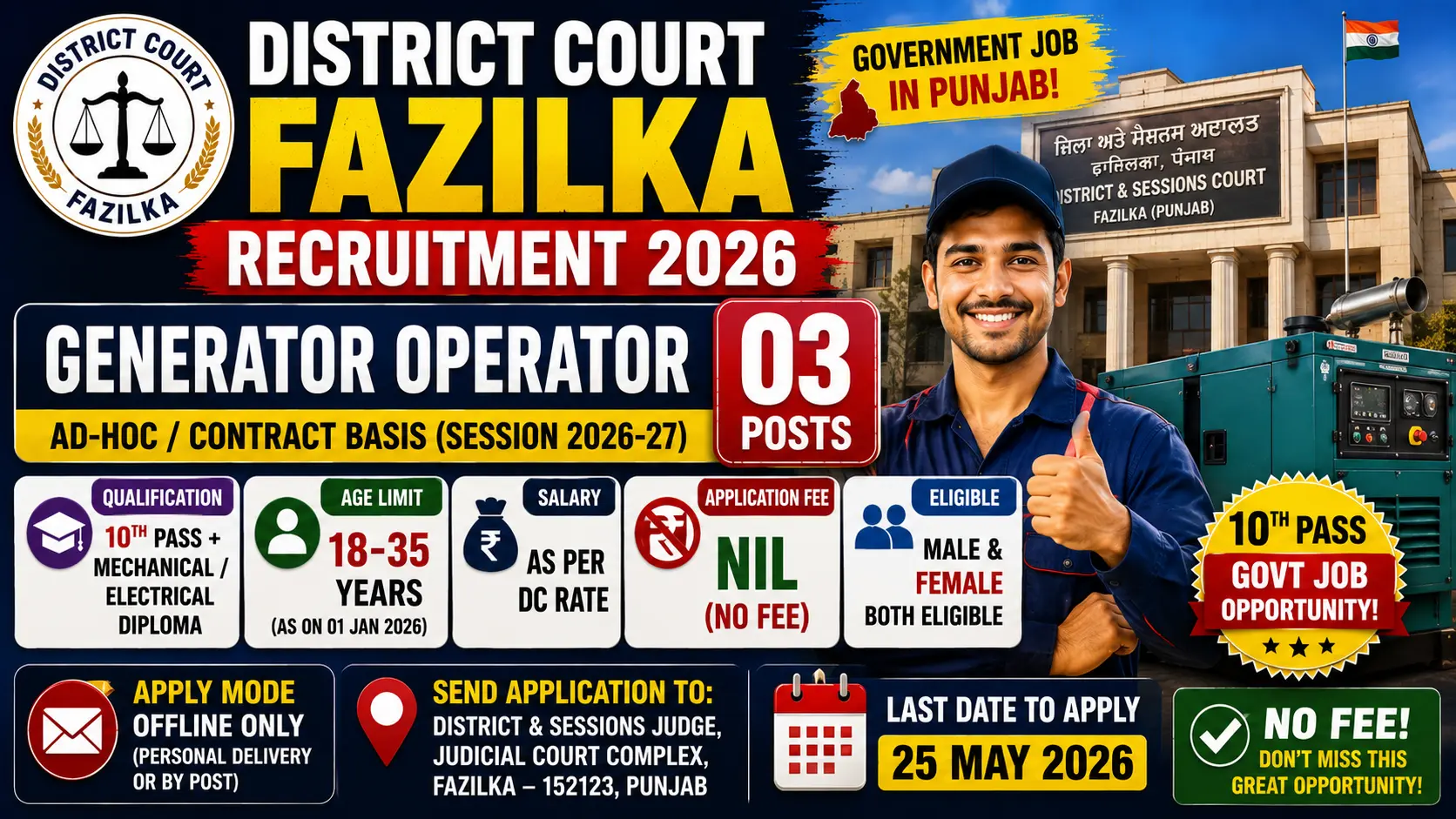 District Court Fazilka recruitment 2026 notification for generator operator post, District and Sessions Judge Fazilka Punjab vacancy, 10th pass with mechanical diploma or electrical diploma required, age 18-35 years calculated on 01 January 2026, salary as per DC rate district court rate, no application fee free for all categories, contractual ad-hoc basis job session 2026-27, 03 posts General-01 General Women-01 SC Women-01, 2 posts reserved for women female candidates, Punjabi language knowledge mandatory, Punjab domicile reservation benefits, offline application personal delivery or by post, District and Sessions Court Judicial Court Complex Fazilka 152123 Punjab, last date 25 May 2026, exam interview date uploaded on court website fazilka dcourts gov in