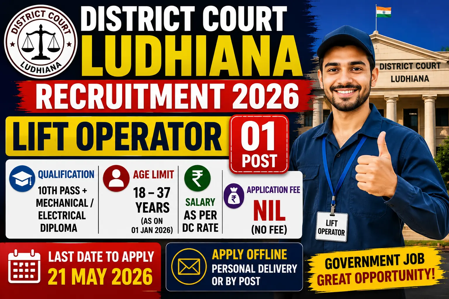District Court Ludhiana recruitment 2026 notification for lift operator post, District and Sessions Judge Ludhiana Punjab vacancy, 10th pass with mechanical diploma or electrical diploma required, age 18-37 years calculated on 01 January 2026, salary as per DC rate district court rate, no application fee free for all categories, contractual basis job, ESM ex servicemen women preferred general category if no candidate available, Punjabi language knowledge mandatory, Punjab domicile reservation benefits, offline application personal delivery or by post, Office of District Sessions Judge New Judicial Court Complex Backside DC Office Ludhiana 141001 Punjab, last date 21 May 2026, exam interview date uploaded on court website ecourts ludhiana