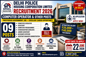 Delhi Police Housing Corporation DPHCL recruitment 2026 notification for Computer Operator Assistant Stenographer Junior Assistant Accounts Officer 09 posts salary Rs 25000 to 40000 per month age up to 53 years last date 22 June 2026