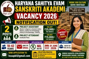 Haryana Sahitya Evam Sanskriti Akademi recruitment 2026 notification for Project Assistant and Project Attendant positions at Sindhu Harappa Gyan Kendra Rakhigarhi Hisar, salary Rs 15000 to 25000 per month, age 18-42 years, email application by 01 June 2026