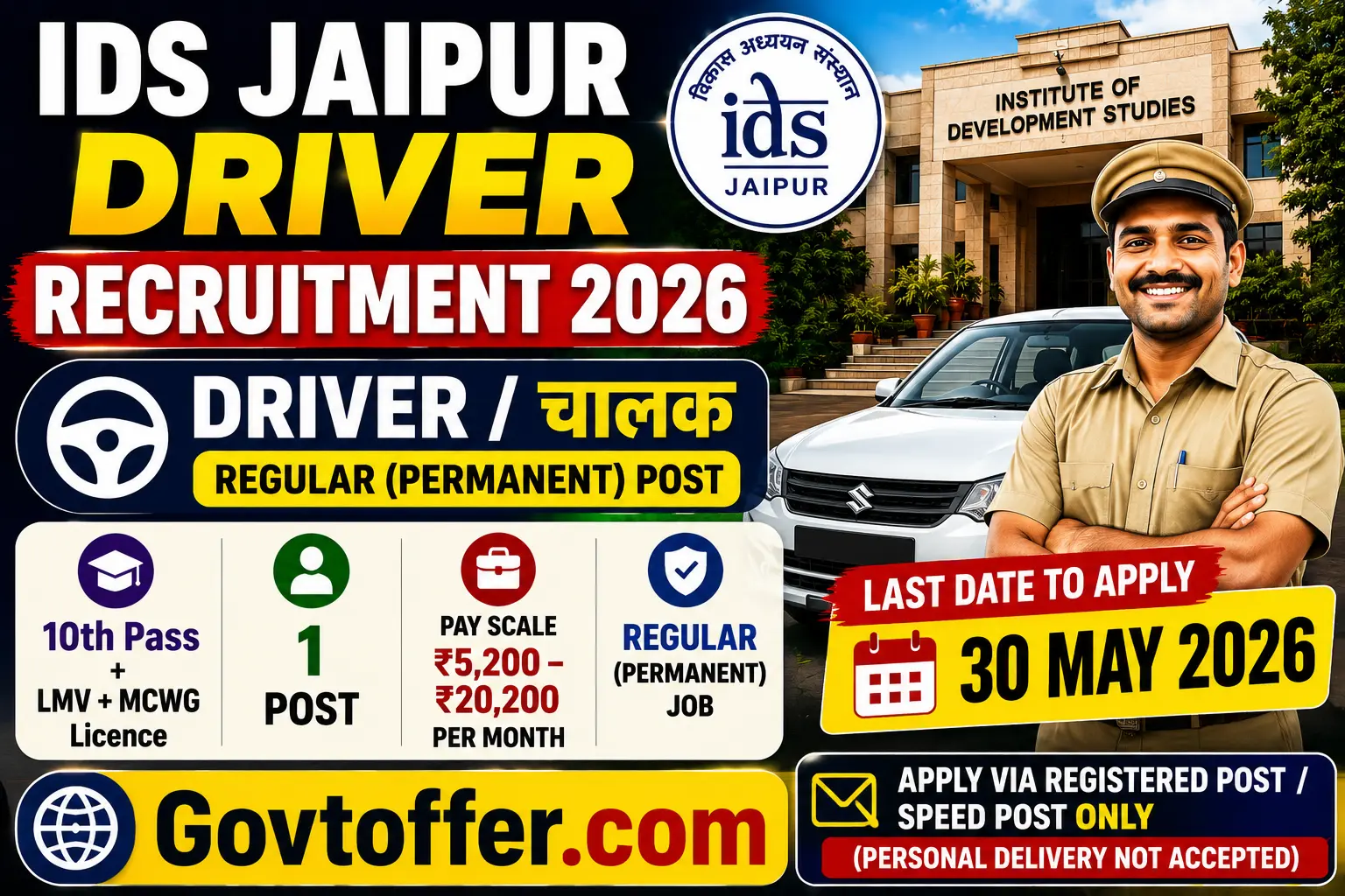 IDS Jaipur driver recruitment 2026 notification for regular permanent driver post, salary Rs 5200-20200 per month, 10th pass with LMV MCWG driving licence qualification, age 18-40 years, offline application by registered post by 30 May 2026