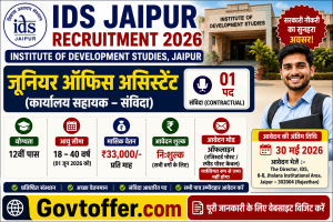 Institute of Development Studies IDS Jaipur recruitment 2026 for Junior Office Assistant Karyalay Sahayak contractual post, salary Rs 33000 per month, 12th pass, no fee, age 18-40 years, last date 30 May 2026, apply via registered speed post only personal delivery not accepted