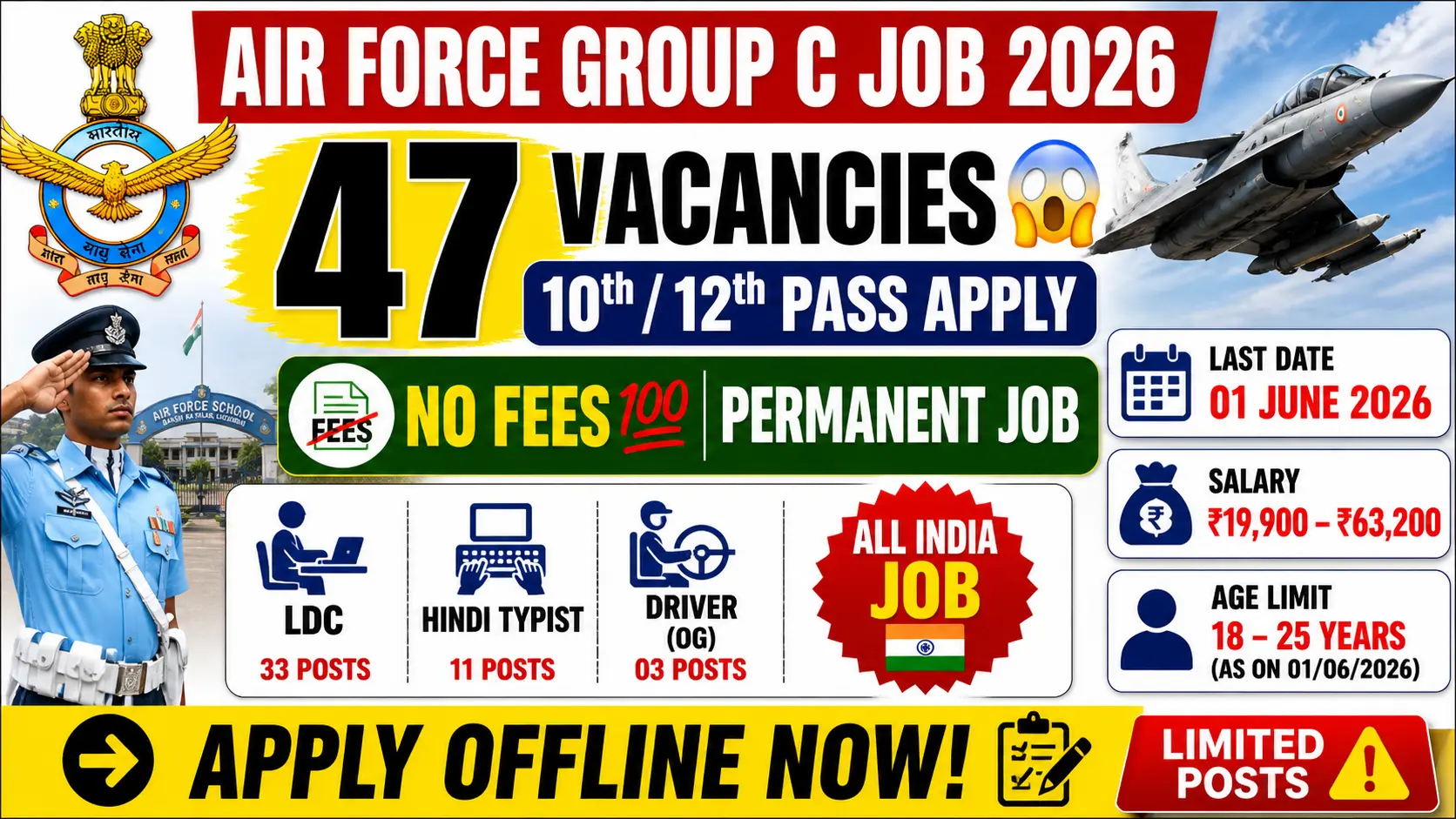 Indian Air Force Group C recruitment 2026 notification for 47 posts including Lower Division Clerk, Hindi Typist and Driver, salary Rs 19900-63200 per month, offline application, age 18-25 years, no application fee, last date 01 June 2026