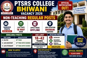 PTSRS College Bhiwani recruitment 2026 notification for Helper Lab Assistant Lab Attendant permanent regular positions, 10th 12th science qualification, age 18-42 years, offline application by 18 May 2026 at Meham Gate Bhiwani Haryana