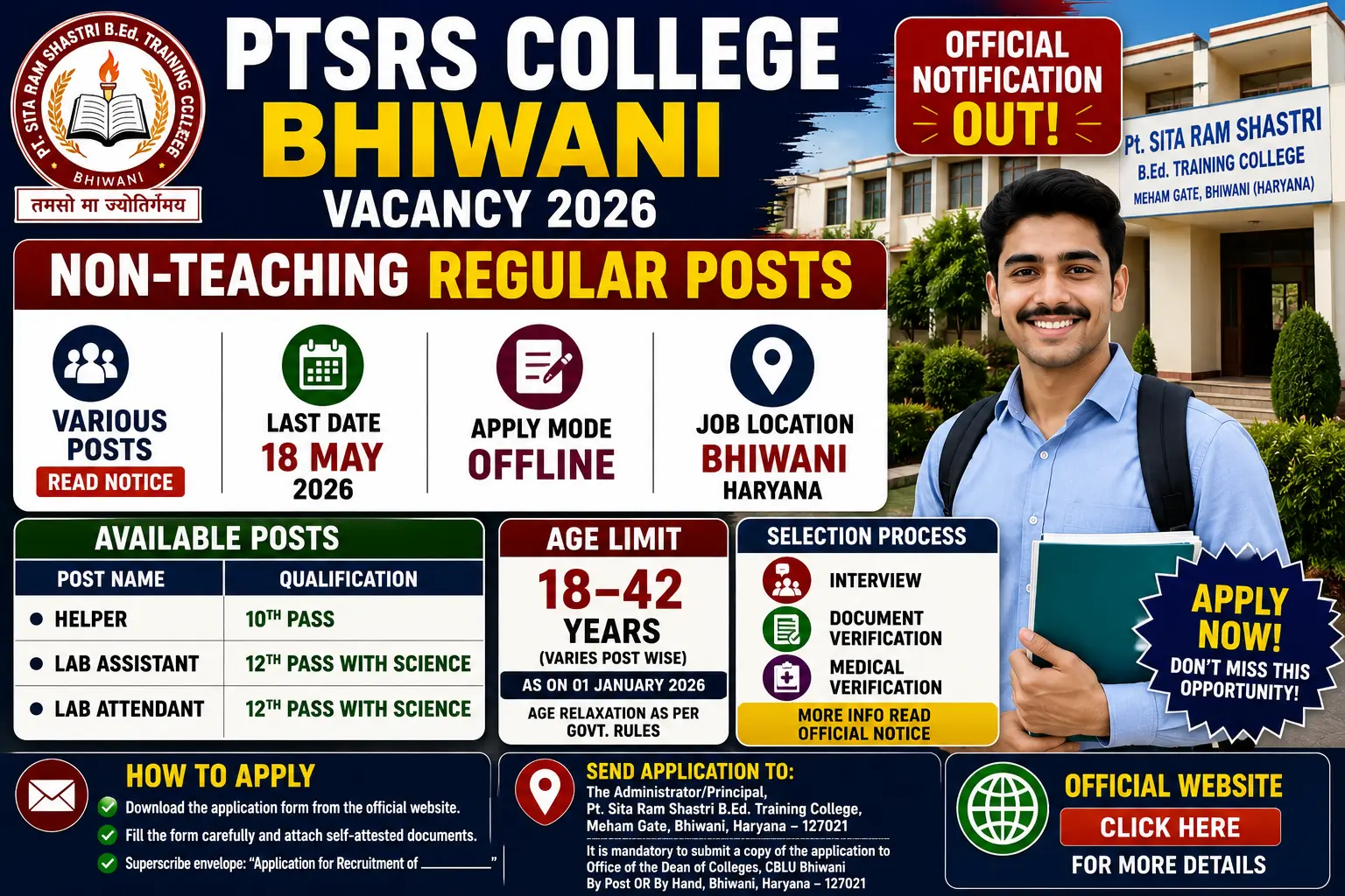 PTSRS College Bhiwani recruitment 2026 notification for Helper Lab Assistant Lab Attendant permanent regular positions, 10th 12th science qualification, age 18-42 years, offline application by 18 May 2026 at Meham Gate Bhiwani Haryana
