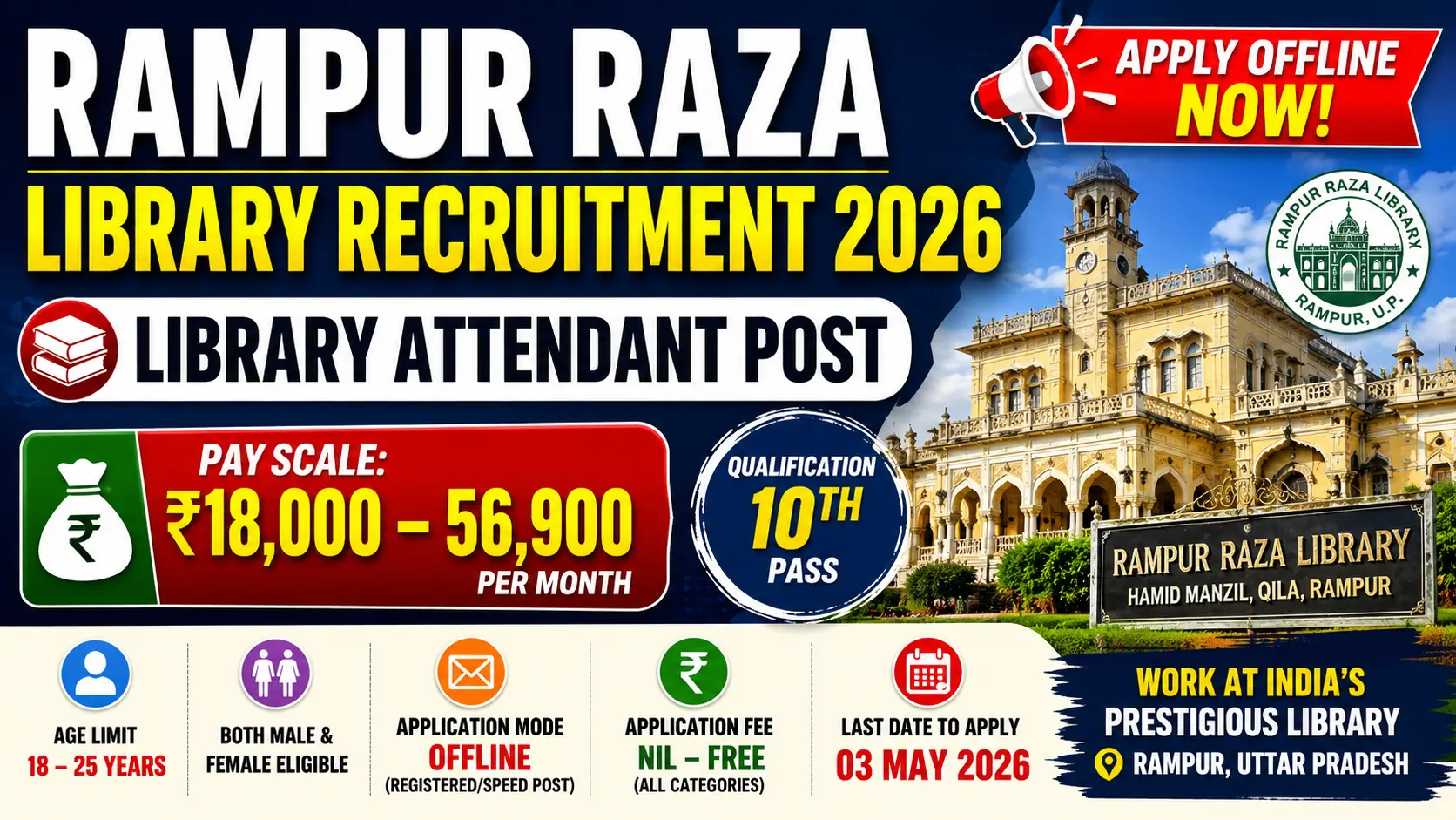 Rampur Raza Library recruitment 2026 for Library Attendant position, salary Rs 18000-56900 per month, 1 post, 10th pass eligible, age 18-25 years, offline application free, last date 03 May 2026, Ministry of Culture Government of India