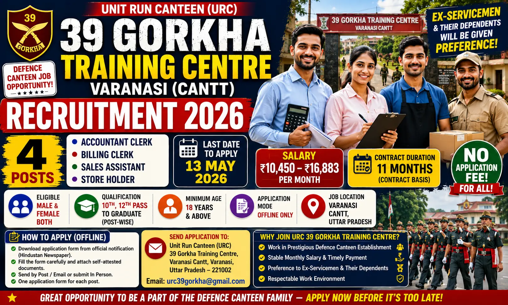 URC 39 Gorkha Training Centre Varanasi recruitment 2026 notification for 4 contractual posts – Accountant Clerk (₹16,883), Billing Clerk (₹11,085), Sales Assistant (₹10,450), Store Holder (₹11,085), Unit Run Canteen Varanasi Cantt, Defence jobs, Ex-Servicemen preference, 11 month contract, offline application free, no application fee, age 18 years, last date 13 May 2026