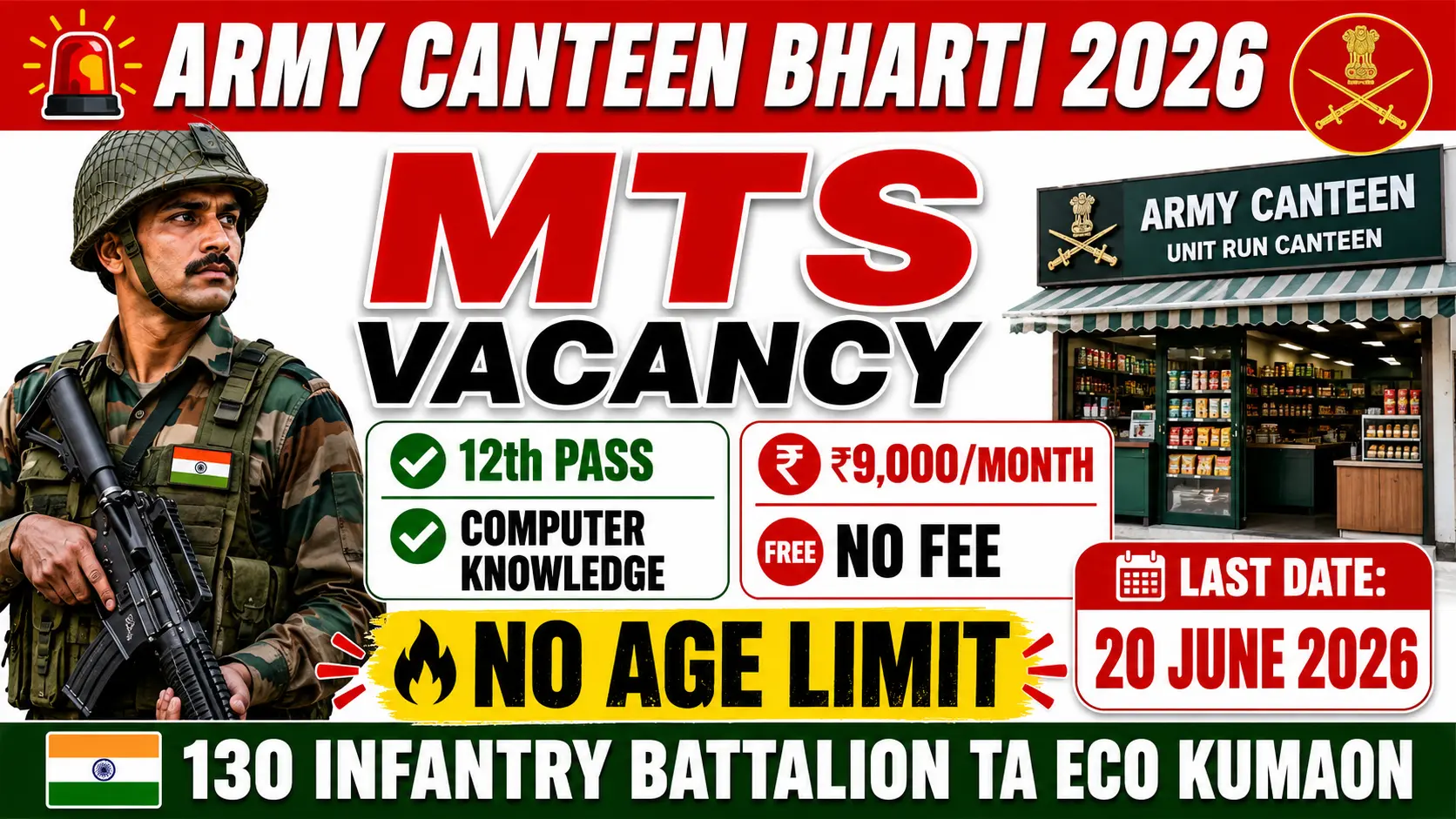 130 Infantry Battalion TA Eco Kumaon Army Canteen Pithoragarh recruitment 2026 notification for 1 Multi Tasking Staff MTS post, salary 9000 rupees per month, 12th pass and computer knowledge required, no upper age limit, no application fee, last date 20 June 2026, ex-servicemen priority, medical certificate mandatory, Kumaon Regiment Army job