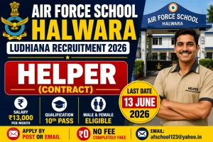 Air Force School Halwara AFS Ludhiana recruitment 2026 notification for Helper Sanvida Contract post salary Rs 13000 per month 10th pass no fee age 21 to 40 years apply by post or email afschool123 yahoo in last date 13 June 2026