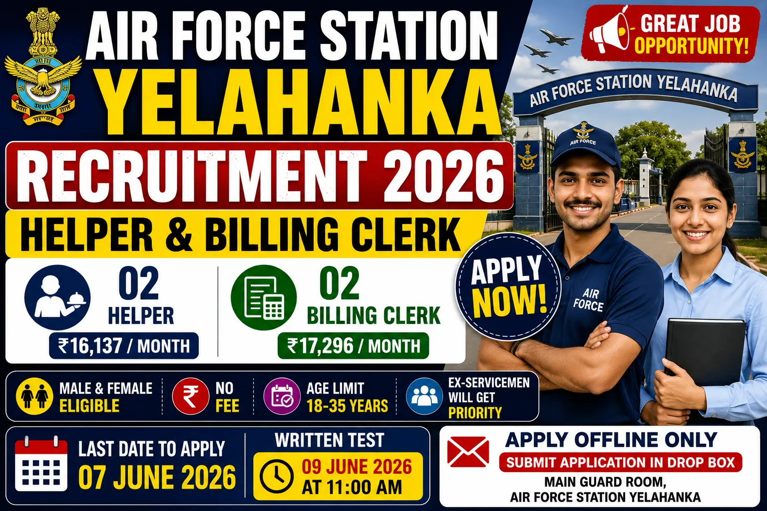 Air Force Station Yelahanka recruitment 2026 notification for helper and billing clerk positions, 4 posts, salary 16137-17296 rupees per month, offline application, bangalore, no fee, written test 09 june 2026