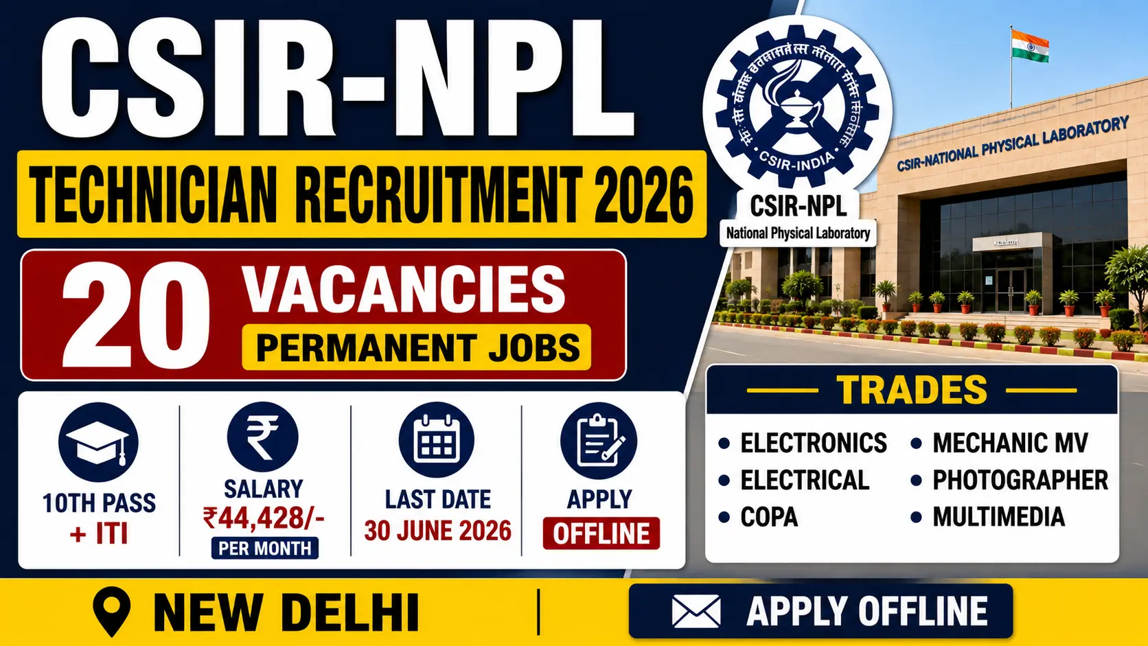 CSIR NPL Technician Recruitment 2026 notification for 20 technician posts in New Delhi for 10th pass and ITI candidates