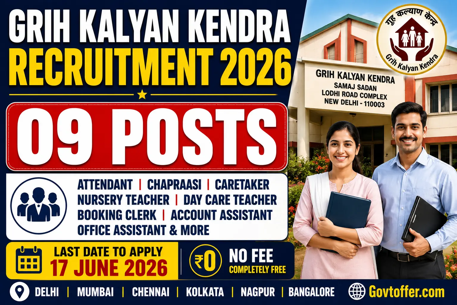 Grih Kalyan Kendra GKK New Delhi recruitment 2026 notification for 09 posts Nursery Attendant Day Care Attendant Chapraasi Caretaker Booking Clerk Nursery Teacher Account Assistant Office Assistant salary Rs 7000 to 18000 per month no fee last date 17 June 2026