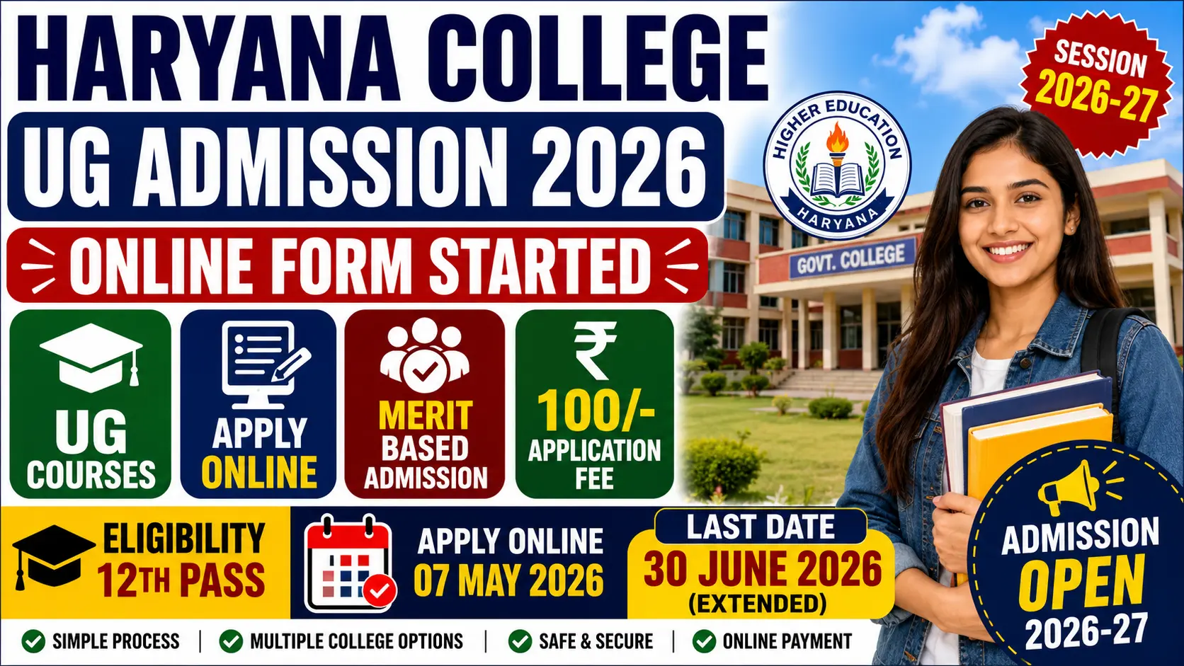 Haryana College UG Admission 2026 online registration for undergraduate courses including BA BSc BCom and other UG programs
