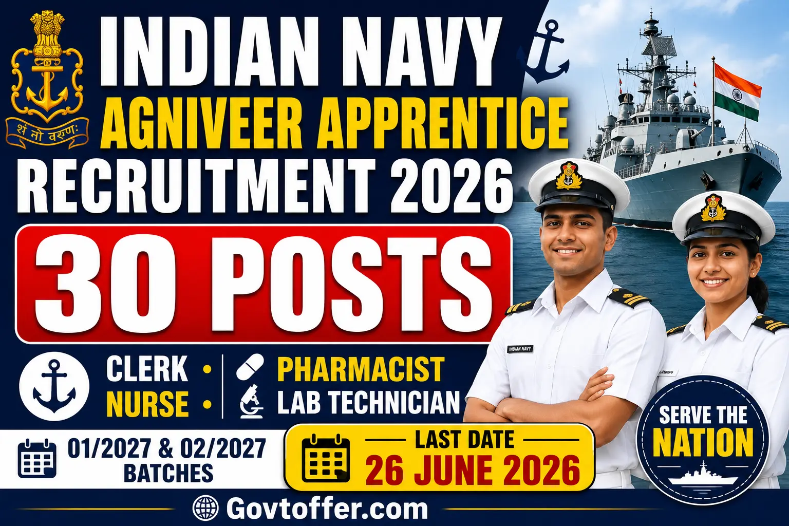 Indian Navy agniveer apprentice recruitment 2026 notification for apprentice posts, salary 30000-40000 rupees per month, polytechnic diploma graduate eligibility, online application, age 17-22 years, INS Chilka training, last date 26 june 2026, no fee