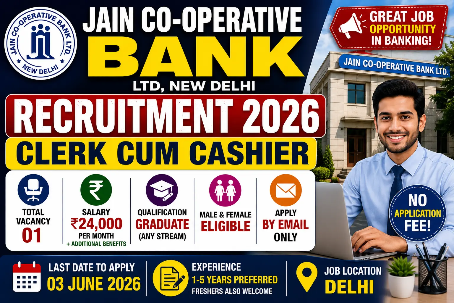 Jain Co-operative Bank recruitment 2026 notification for clerk cum cashier position, salary 24000 per month, bachelor degree required, email application, new delhi, no fee