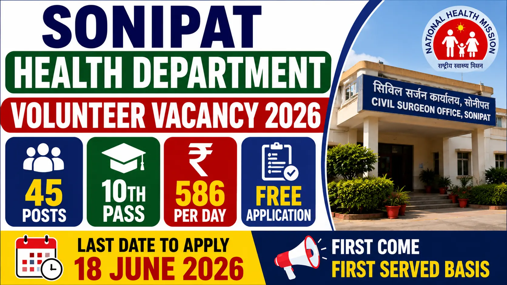 Sonipat Health Department Volunteer Vacancy 2026 notification for 45 Domestic Breeding Checker posts with free application and ₹586 per day salary