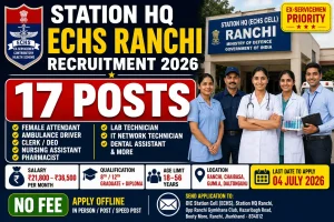 Station HQ ECHS Cell Ranchi recruitment 2026 notification for 17 contractual posts Female Attendant Ambulance Driver Clerk DEO Nursing Assistant Pharmacist Lab Technician IT Network Technician Dental Assistant salary Rs 21800 to 36500 per month no fee ex servicemen priority last date 04 July 2026