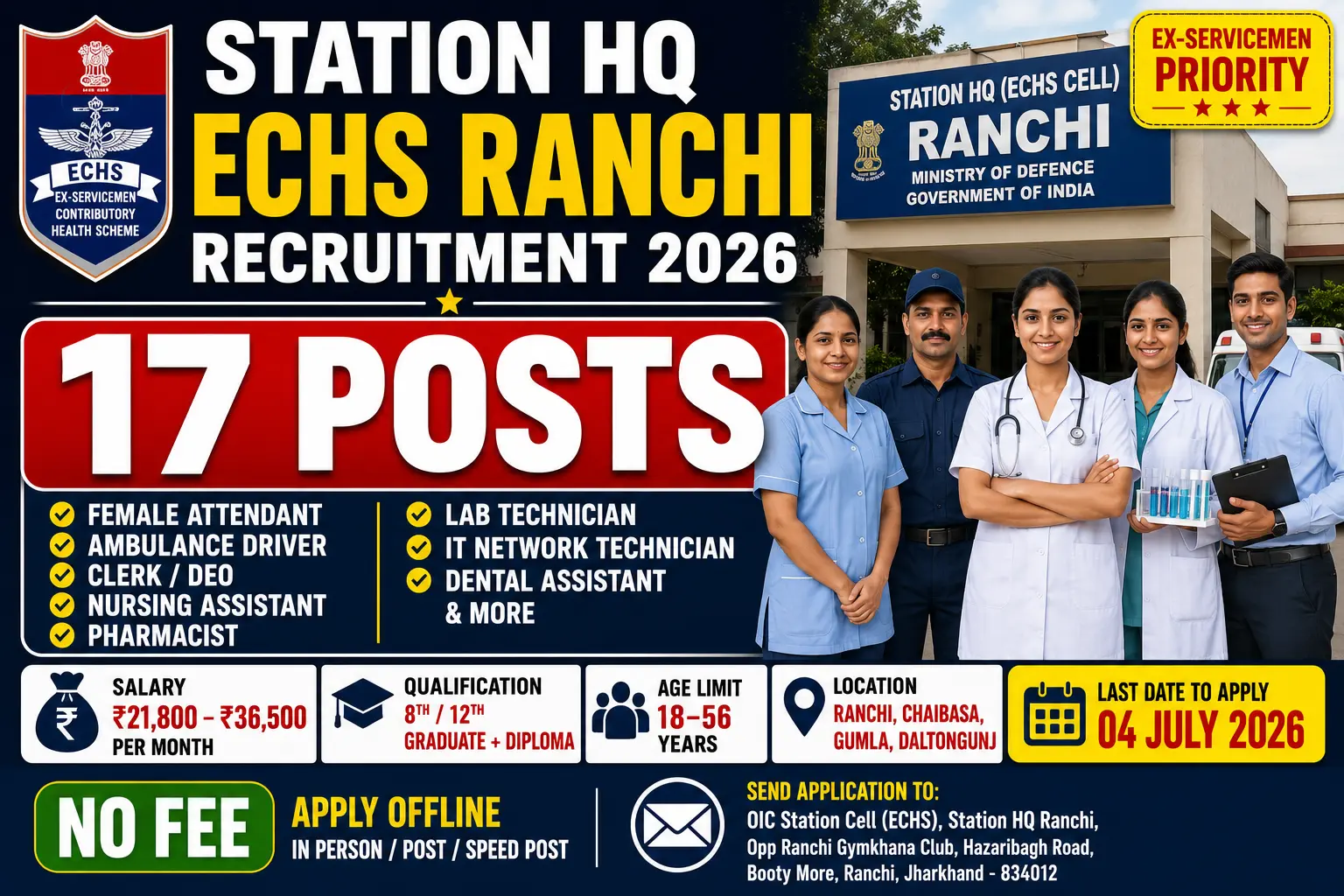 Station HQ ECHS Cell Ranchi recruitment 2026 notification for 17 contractual posts Female Attendant Ambulance Driver Clerk DEO Nursing Assistant Pharmacist Lab Technician IT Network Technician Dental Assistant salary Rs 21800 to 36500 per month no fee ex servicemen priority last date 04 July 2026